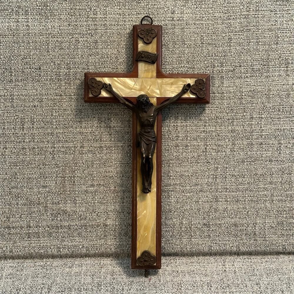Vintage Catholic Wall Crucifix INRI Cross Wood Faux Marble Metal Corpus 10”